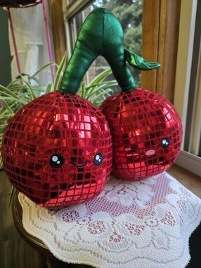 Pink Sky Disco Cherry Plush – Red Mirror Ball Decorative Pillows 🍒